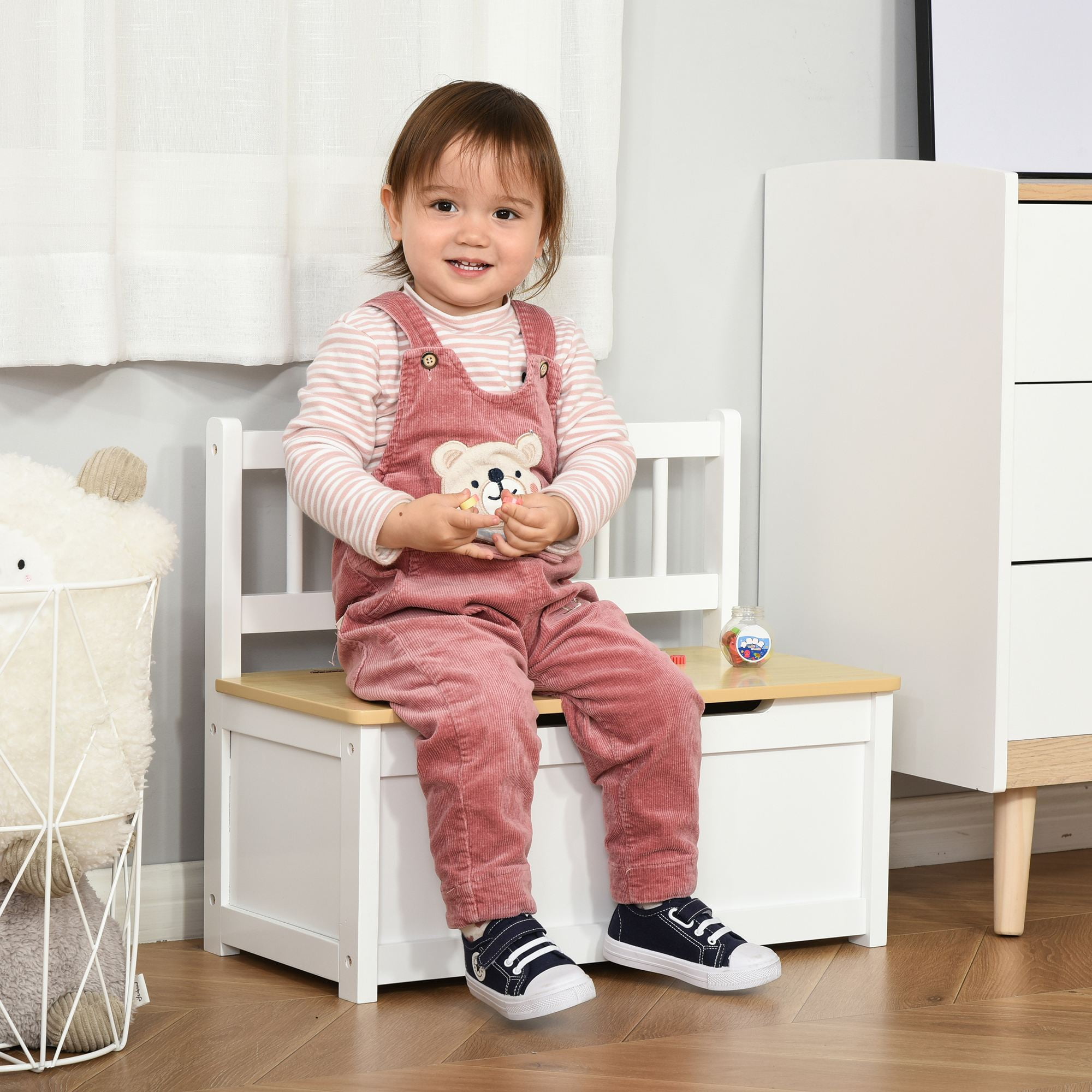 White and Light Brown Wooden Kids Toy Organizer Bench