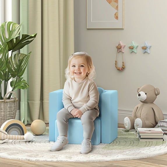Qaba 2-in-1 Multifunctional Kids Sofa, Convertible Table and Chair Set for Boys Girls, Light Blue