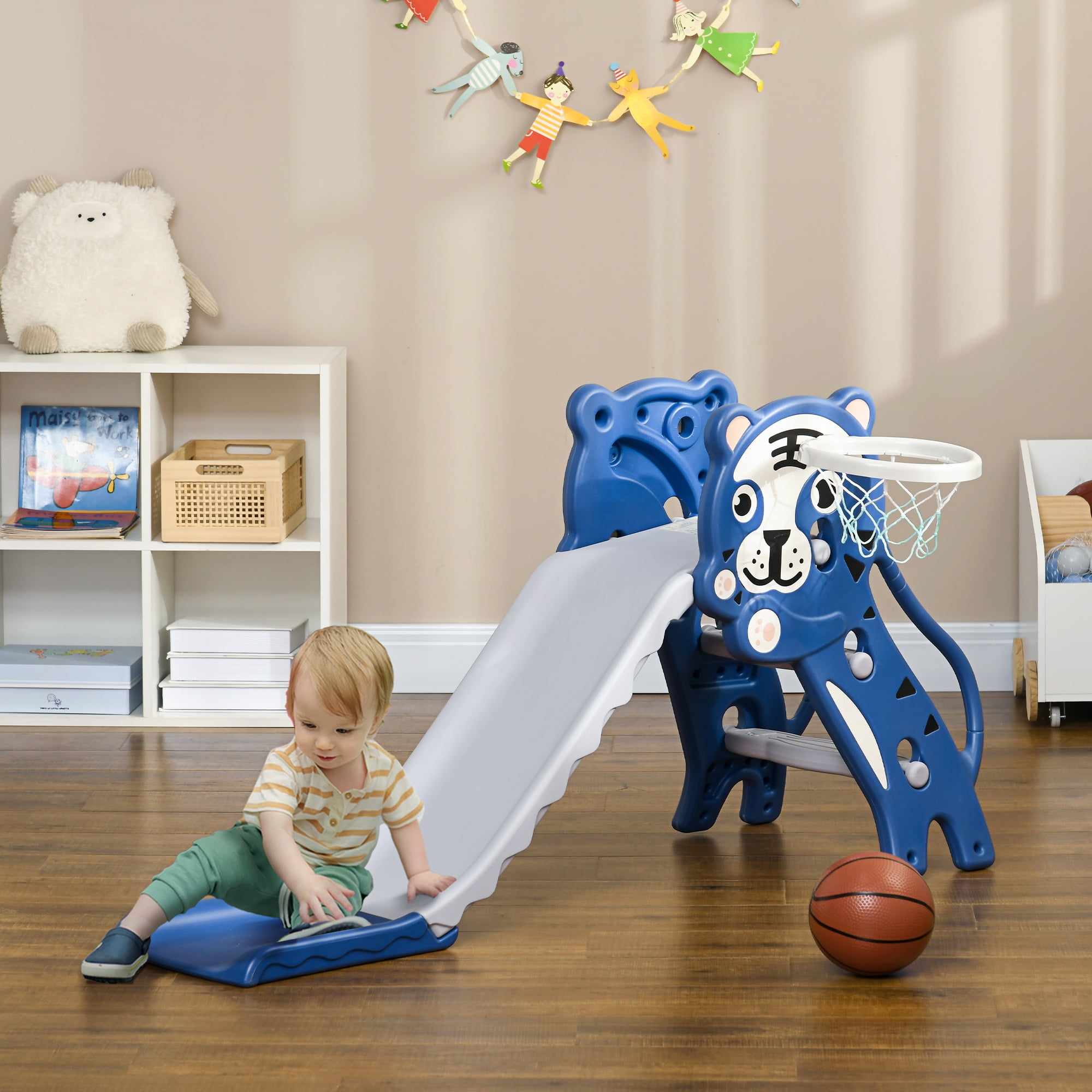 Blue and White Indoor Toddler Slide with Basketball Hoop