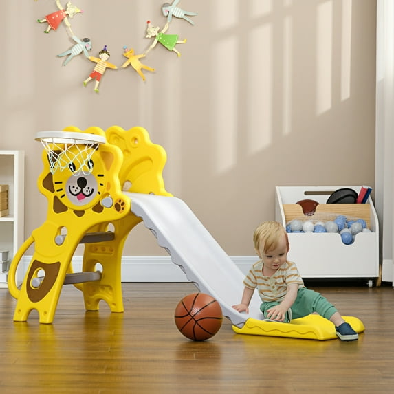 Qaba 2 in 1 Toddler Slide for Indoors with Basketball Hoop, Yellow