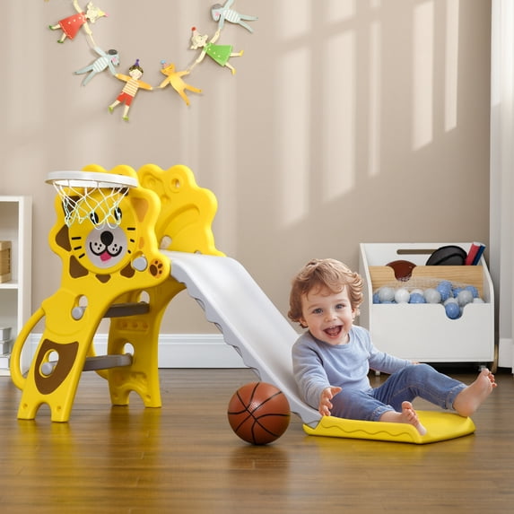 Qaba 2 in 1 Toddler Slide for Indoors with Basketball Hoop, Yellow