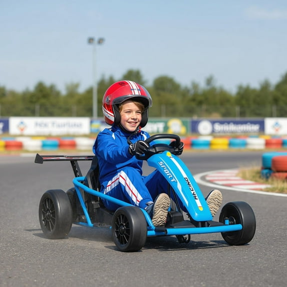 Qaba 24V 8.1 MPH Electric Go Kart for Kids, 7AH Battery Powered Drift Kart with Dual Motors, Soft Start, Safety Belt for Kids 8-12 Years, Blue