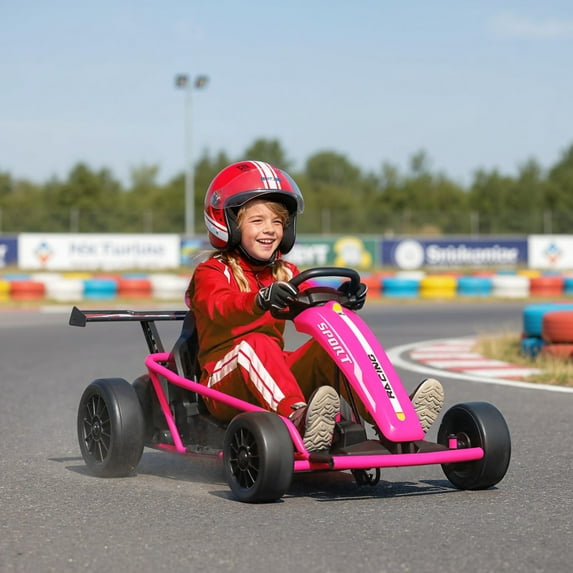 Qaba 24V 8.1 MPH Electric Go Kart for Kids, 7AH Battery Powered Drift Kart with Dual Motors, Soft Start, Safety Belt for Kids 8-12 Years, Pink