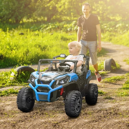 Qaba 24V Kids Electric Car, 2 Seater Ride on Car, Battery Powered Ride on Truck with Remote Control, Suspension System, 3 Speeds, Slow Start, Blue