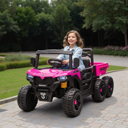 Qaba 24V Kids Ride On Truck with 6 Wheels 4WD Electric Ride On Car with Dump Bed, Remote Control, Wheel Suspension for 3-6 Years, Pink