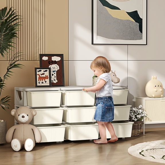 Qaba 3 Tier Kids Storage Unit w/ 9 Drawers Chest Toy Organizer Plastic Bins for Kids Bedroom Nursery Living Room for Boys Girls Toddlers, Cream White