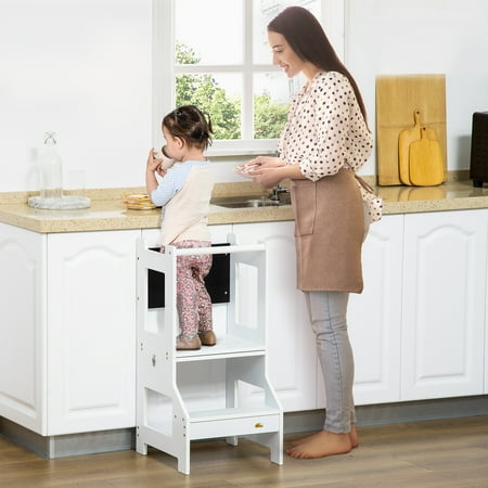 Qaba 2-in-1 Kids Kitchen Helper Step Stool, Folding Toddler Table and Chair Set, Toddler Step Stool with Chalkboard for Kitchen, Bathroom, Bedroom, White