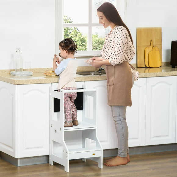 Qaba 2in1 Kids Kitchen Step Stool Ladder & Toddler Desk, Detachable, White