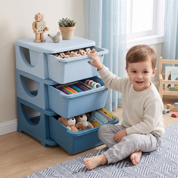 Qaba 3 Drawers Kids Storage Unit, 3 Tier Chest Toy Organizer Plastic Bins for Kids Bedroom Nursery Living Room for Boys Girls Toddlers, Blue
