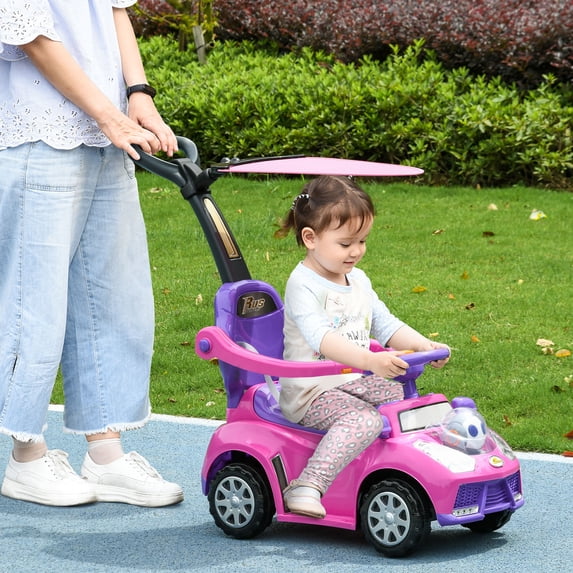 Qaba 3 in 1 Push Car, Sliding Car with Removable Handle, Music, Horn, Pink