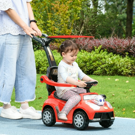 Qaba 3 in 1 Push Car, Sliding Car with Removable Handle, Music, Horn, Red