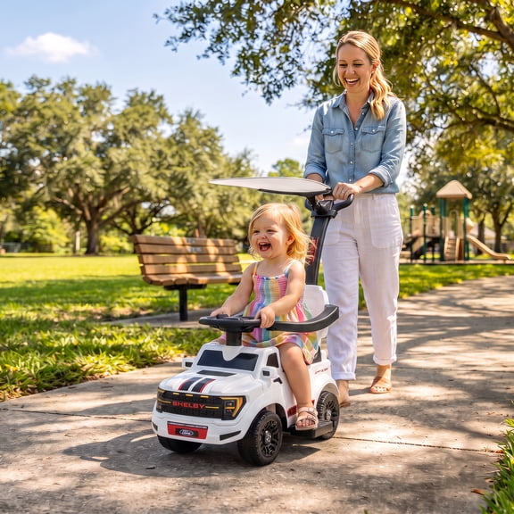 Qaba 3-in-1 Push Car for Toddlers 1-3, Licensed Ford Shelby Sliding Walking Car with Parent Handle, Canopy, Guardrail, Horn, Storage, White