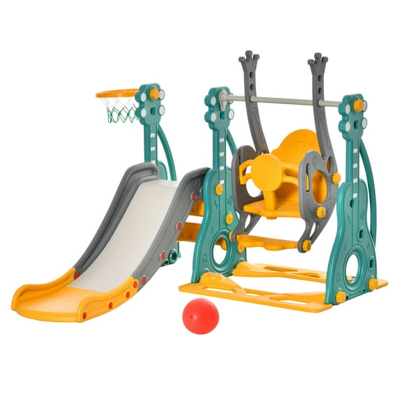 Qaba 3-in-1 Toddler Slide & Climber Set - Baby Playset w/ Basketball Hoop - Indoor/Outdoor Exercise Toy for 1.5-3 Year Olds Multicolor + Plastic