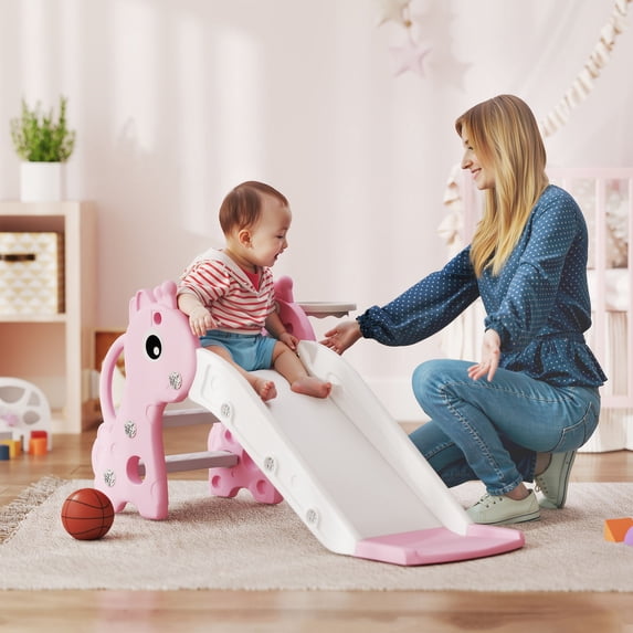 Qaba 3-in-1 Toddler Slide, Kids Slide with Climber, Basketball Hoop and Ball, Giraffe Shape Freestanding Playset for Indoor Kids 1-3 Years, Pink