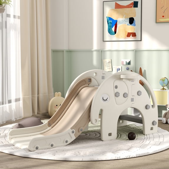 Qaba 3 in 1 Toddler Slide for Years 1-3 w/ Basketball Hoop, Elephant-Themed