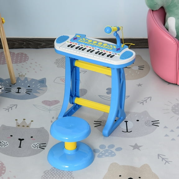 Qaba 31-Key Kids Toy Keyboard Piano, Electronic Musical Instrument with Multiple Sounds, Stool, Microphone and Bright Flashing Lights, Blue