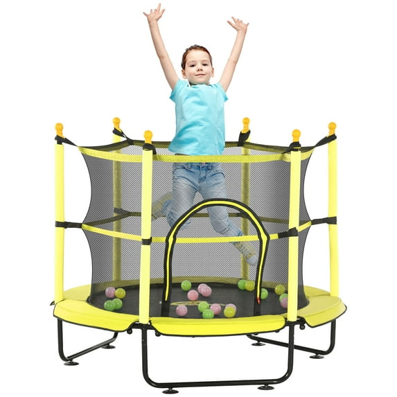 Qaba 4.6' Trampoline for Kids,55 Inch Toddler Trampoline with Safety Enclosure & Ball Pit for Indoor or Outdoor Use,Built for Kids 3-10 Years,Yellow,Yellow Steel Toys Outdoor Sports