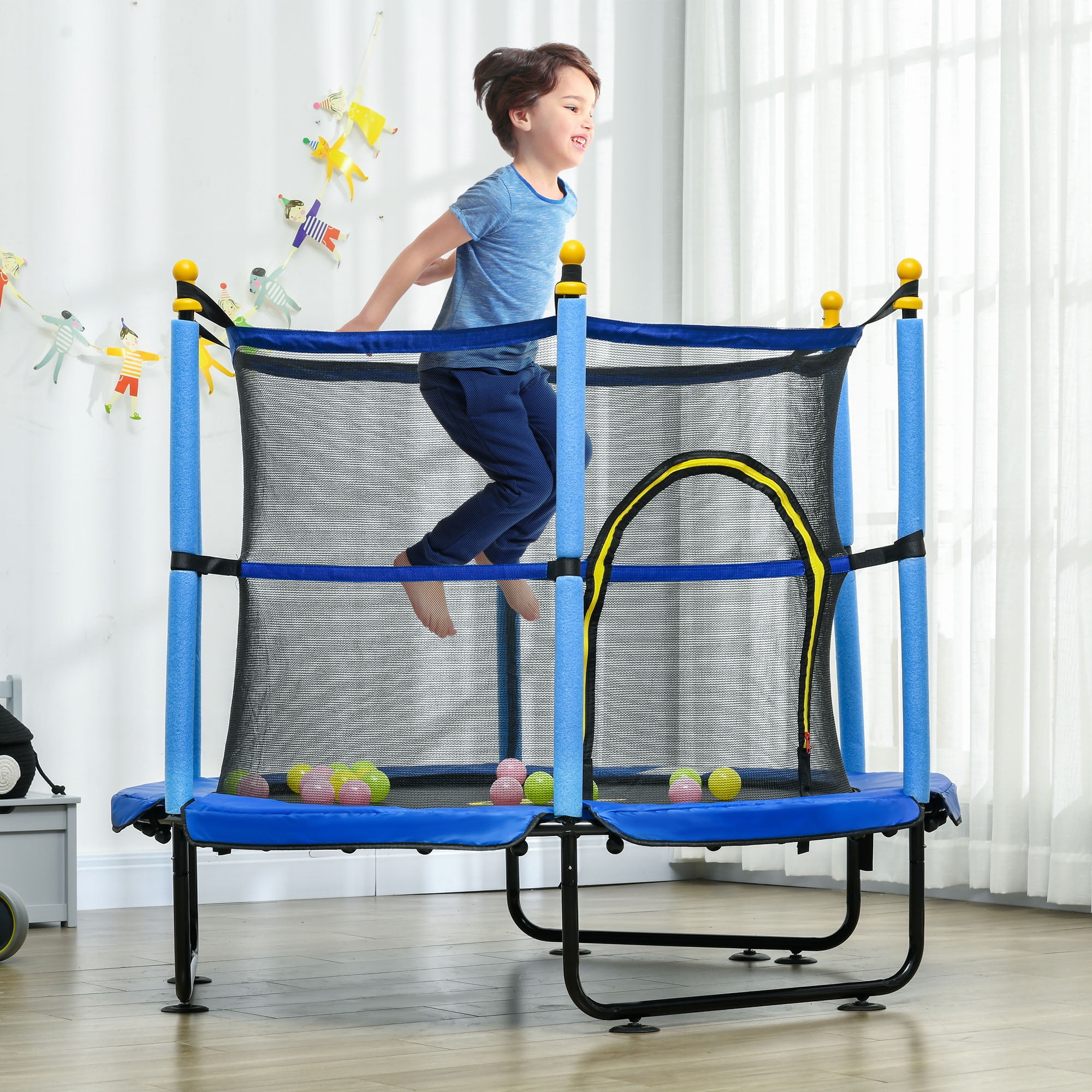 Blue 4.6' Kids' Trampoline with Safety Enclosure and Ball Pit