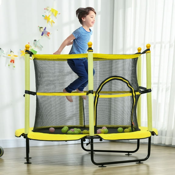 Qaba Trampoline for Kids with Safety Enclosure & Ball Pit, Yellow, 55.00" x 55.00" x 47.25"