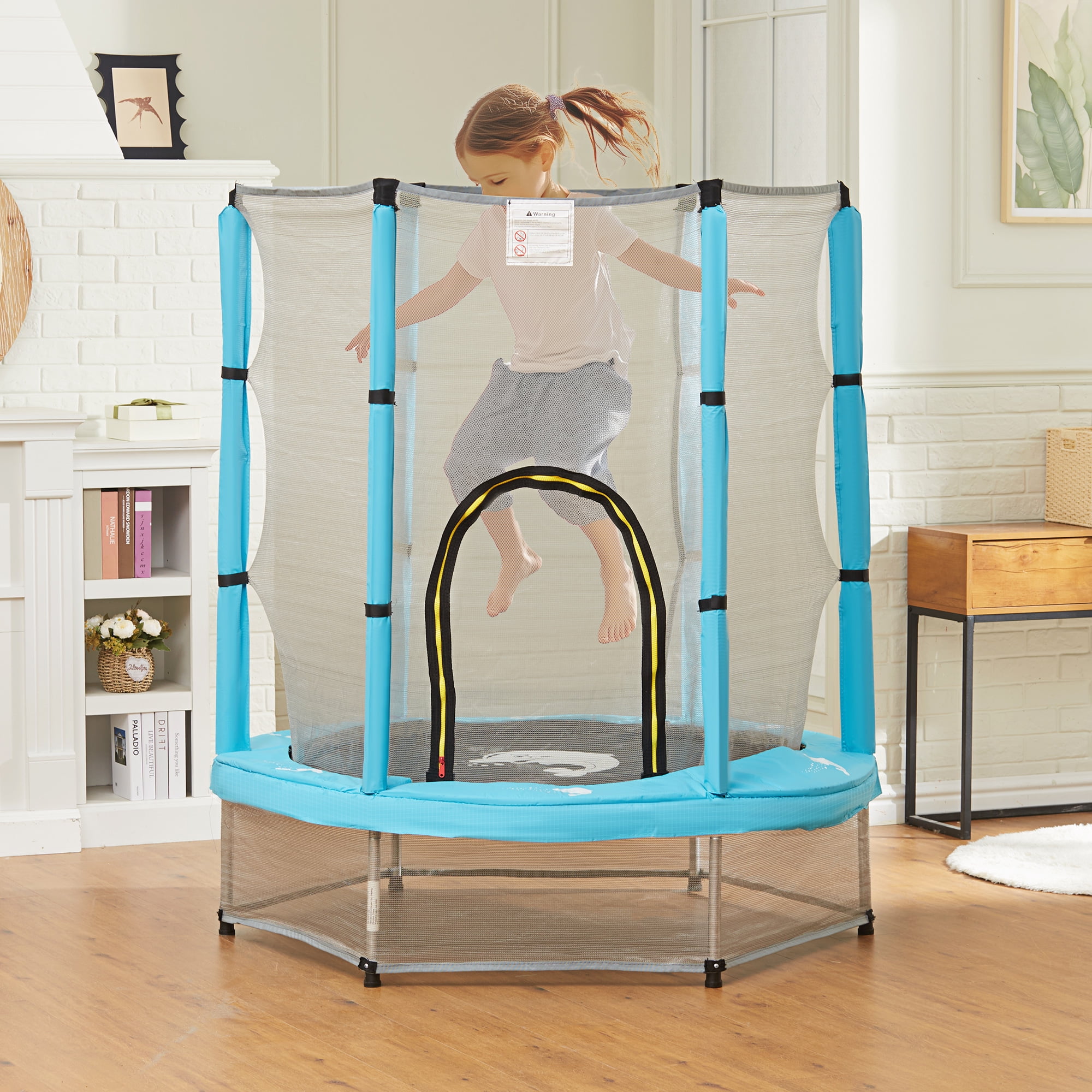 Qaba 4.6FT Trampoline for Kids w/ Safety Enclosure Net, for Indoor Outdoor, Gifts for Boy and Girl Age 3-6 Years, Dolphin Pattern, Light Blue