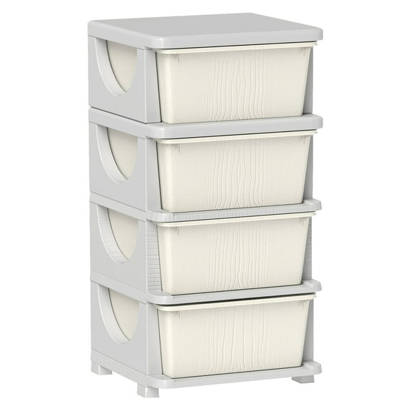 Qaba 4 Tier Kids Storage Unit, 4 Drawer Chest Toy Organizer Plastic Bins for Kids Bedroom Kindergarten Living Room for Boys Girls Toddlers, Cream White