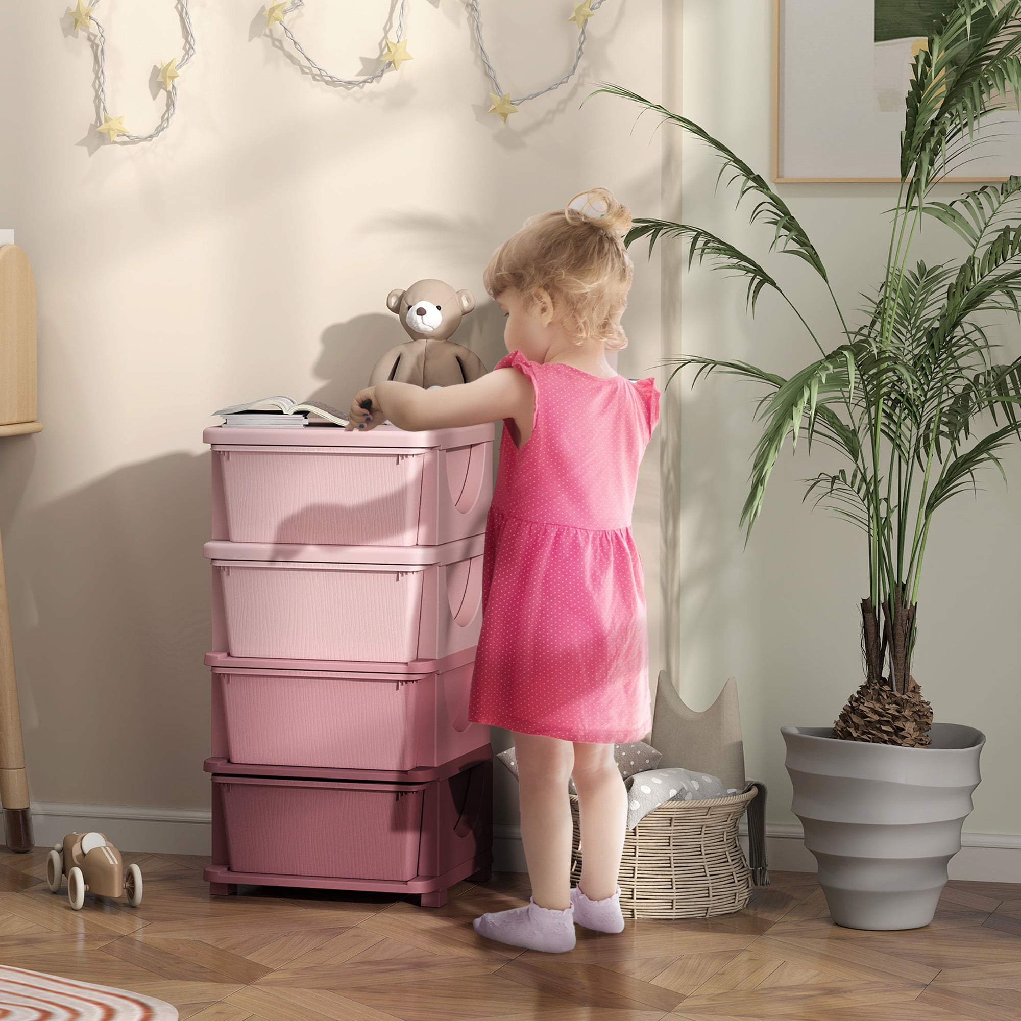 Qaba 4 Tier Kids Storage Unit Dresser Tower with Drawers Chest Toy Organizer for Bedroom Nursery Kindergarten Living Room for Boys Girls, Pink