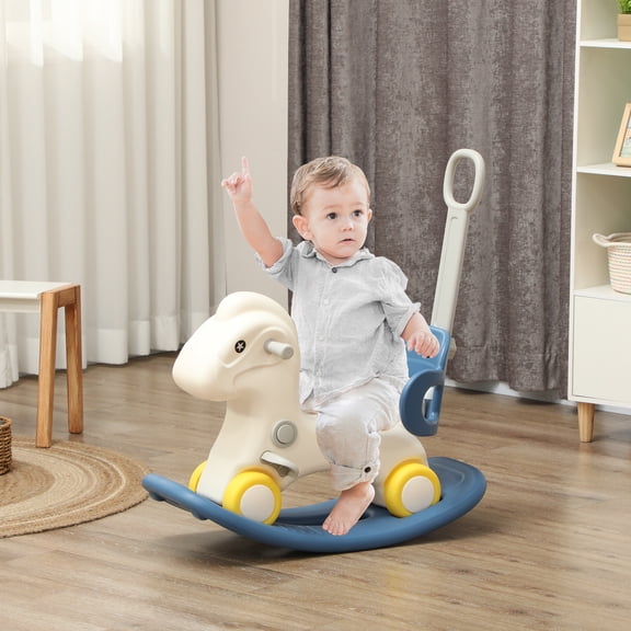 Qaba 4 in 1 Rocking Horse for Toddles 1-3 Years, Baby Ride on Horse with Detachable Push Handle & Balance Board, Blue