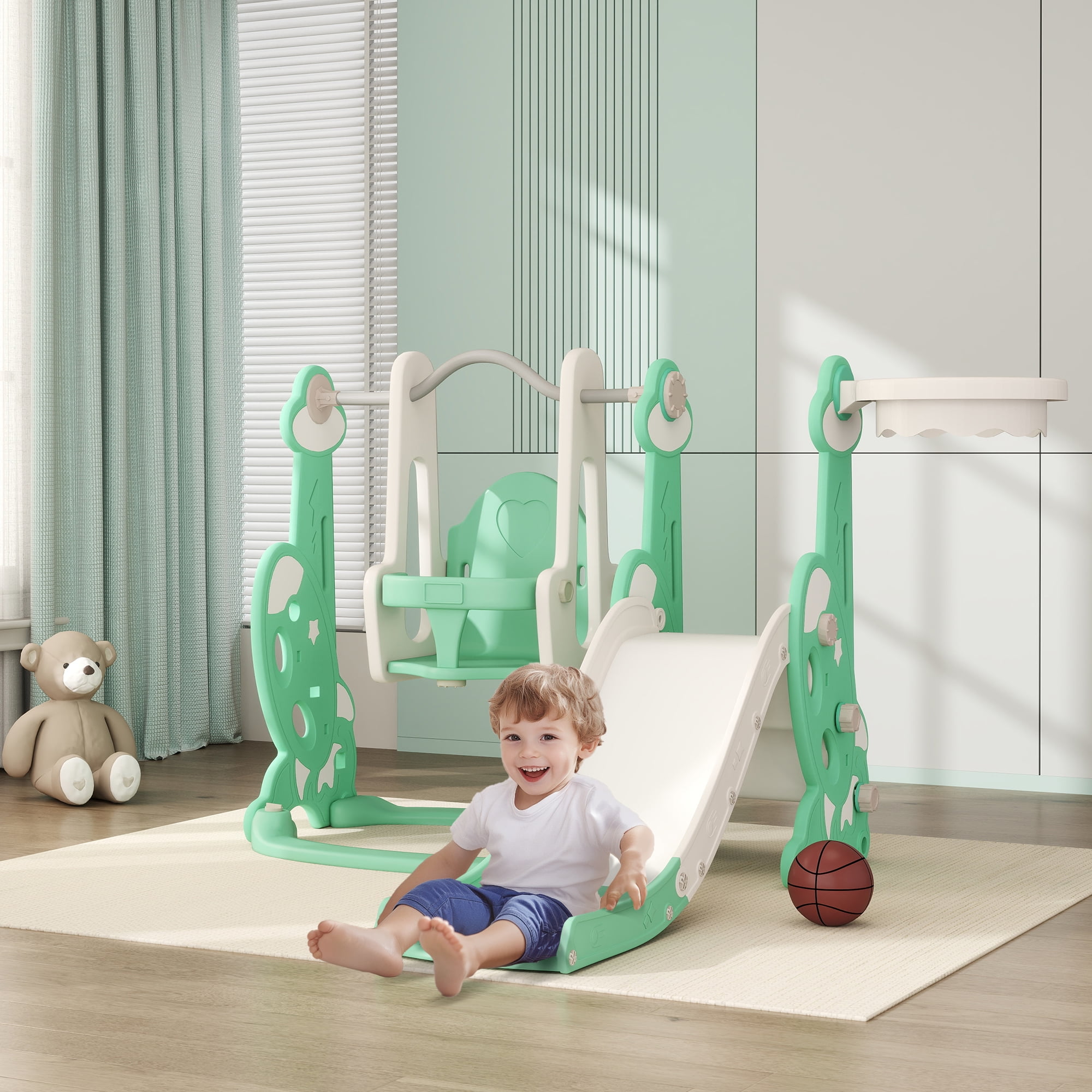 Qaba 4 in 1 Toddler Slide and Swing Set, Indoor Kids Slide for Ages 1.5-4, Toddler Playset Playground with Climber, Basketball Hoop, Green