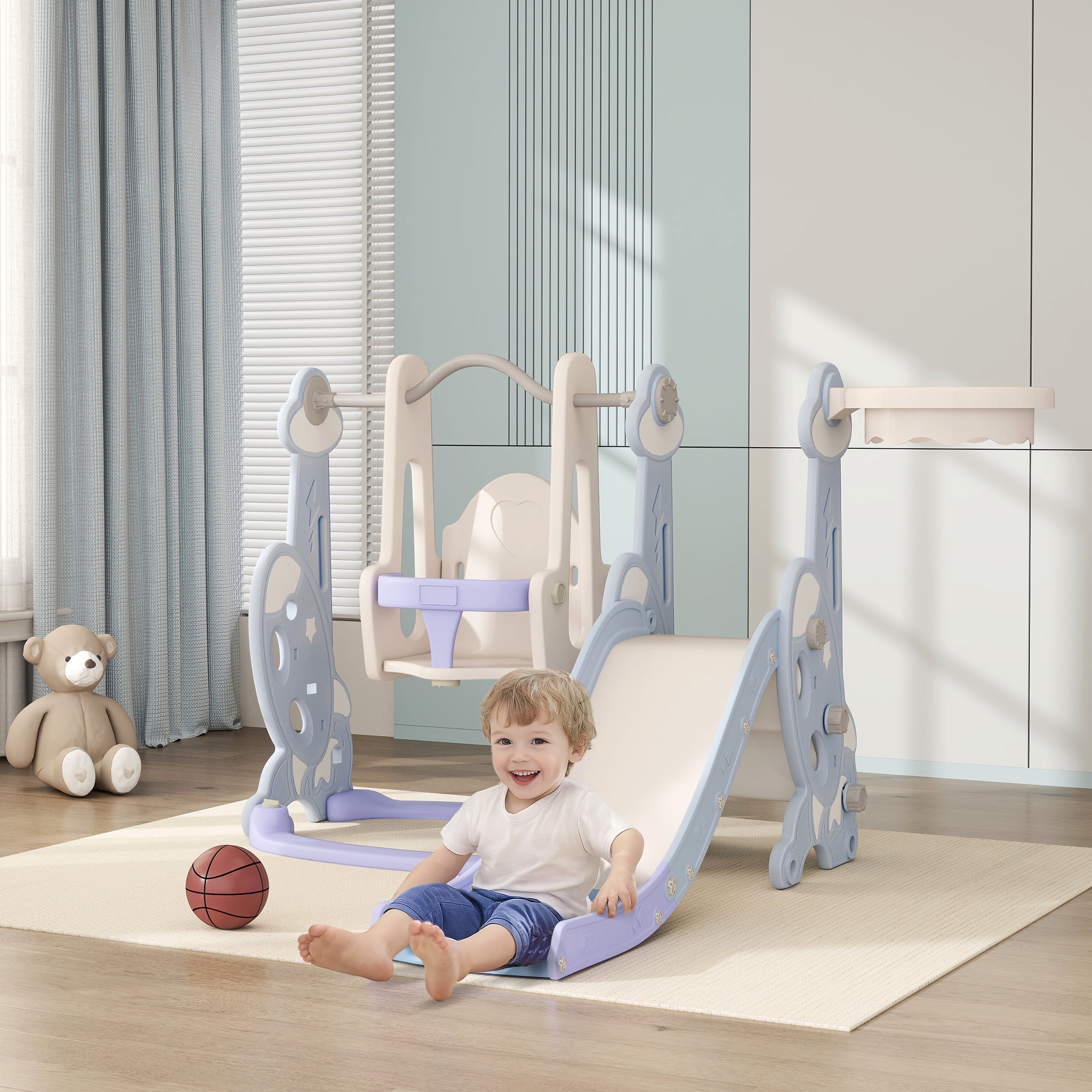 Qaba 4 in 1 Toddler Slide and Swing Set, Indoor Kids Slide for Ages 1.5-4, Toddler Playset Playground with Climber, Basketball Hoop, Light Blue