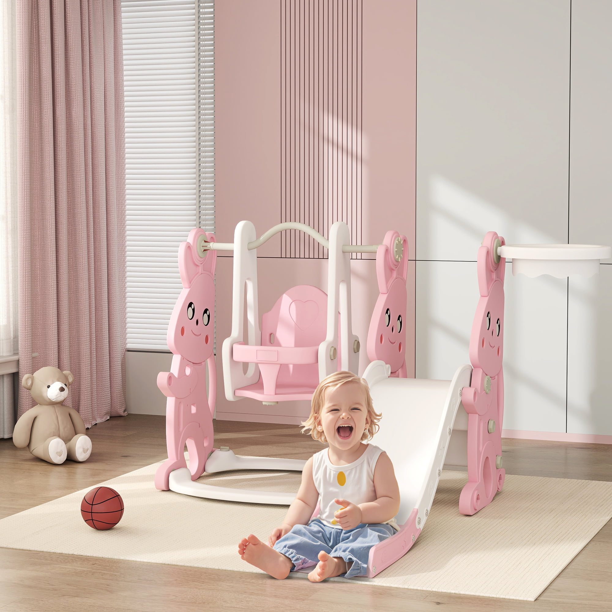 Qaba 4 in 1 Toddler Slide and Swing Set with Climber, Basketball Hoop, Rabbit Themed Indoor Outdoor Kids Playset for Ages 1.5-4, Pink