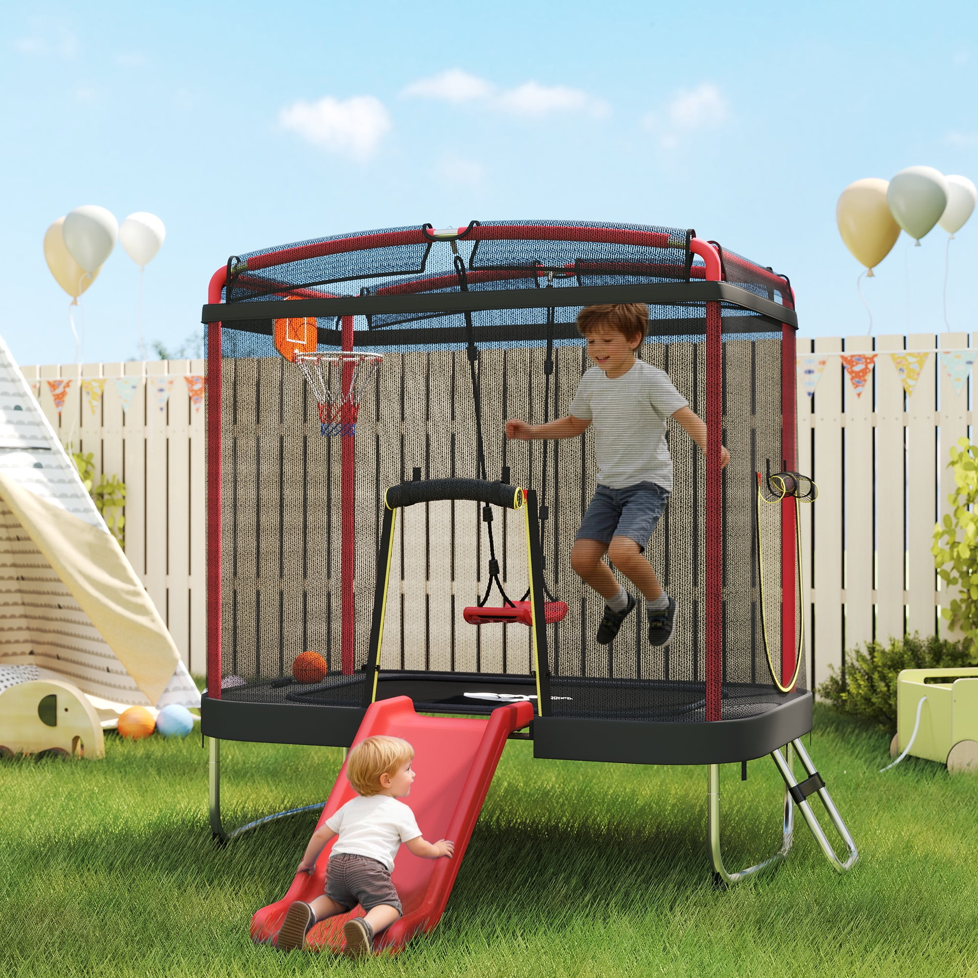 Qaba 4 x 6FT Trampoline for Kids, Indoor & Outdoor Toddler Trampoline with Slide, Swing, Basketball Hoop, Ladder and Safety Enclosure, Red