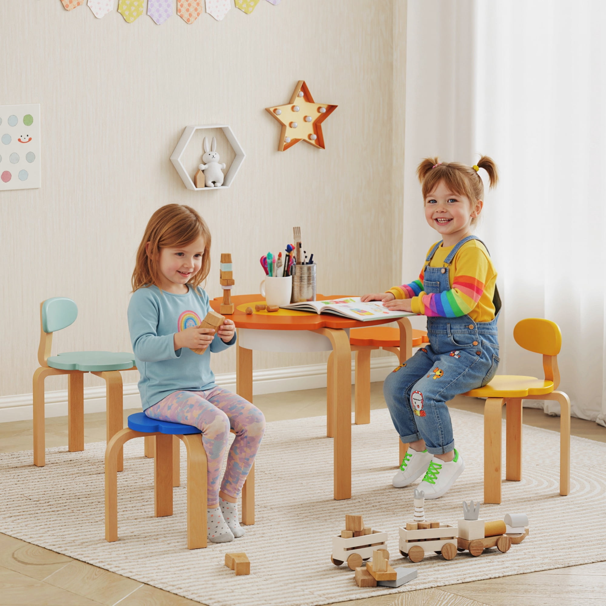 Qaba 5 Piece Kids Table and Chairs Set, Flower-Shaped Toddler Table and Chair Set with Built-in Storage, for Drawing Reading Art Craft Activity