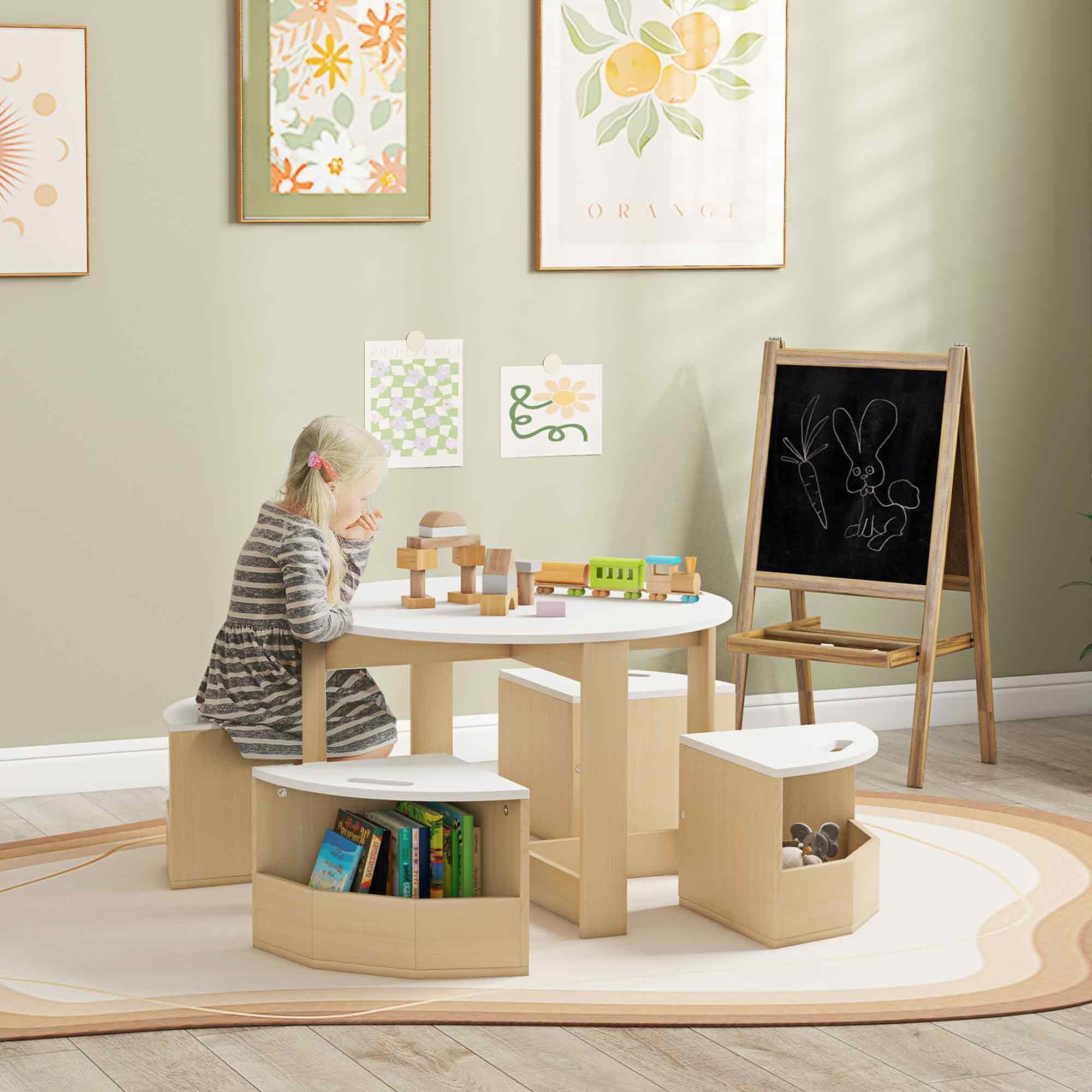 Qaba 5 Piece Kids Table and Chairs Set with Storage for Activities, White