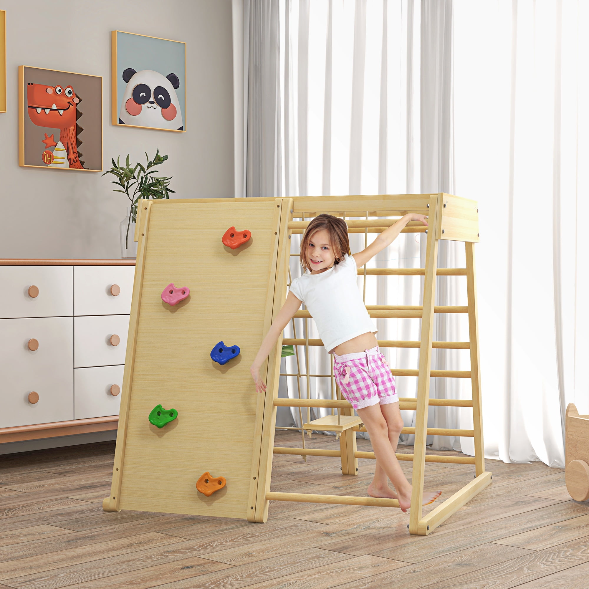 Natural Wood Indoor Jungle Gym with Swing and Slide