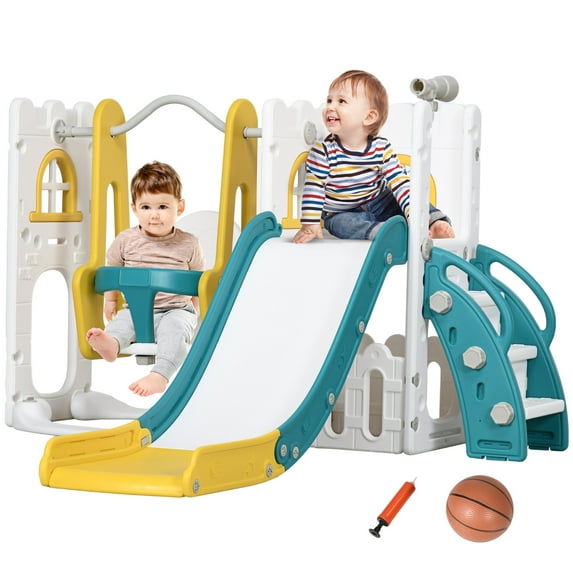 Qaba 6 In 1 Toddler Slide and Swing Set,Baby Slide for Age 1-3 Years with Basketball Hoop,Climber,Storage Space,Telescope,Indoor Playground,Yellow,Yellow Plastic Toys Swing Sets