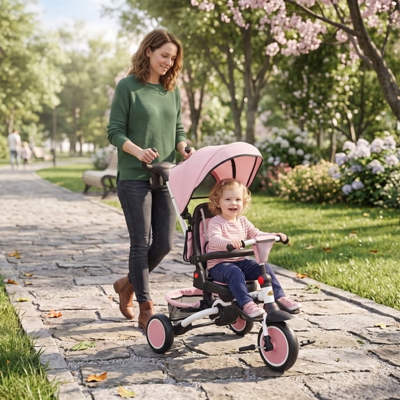Qaba 6 in 1 Kids Tricycle with Adjustable Push Handle, Foldable Bike Stroller with Removable Canopy, Reversible Seat, for 1-5 Years, Pink