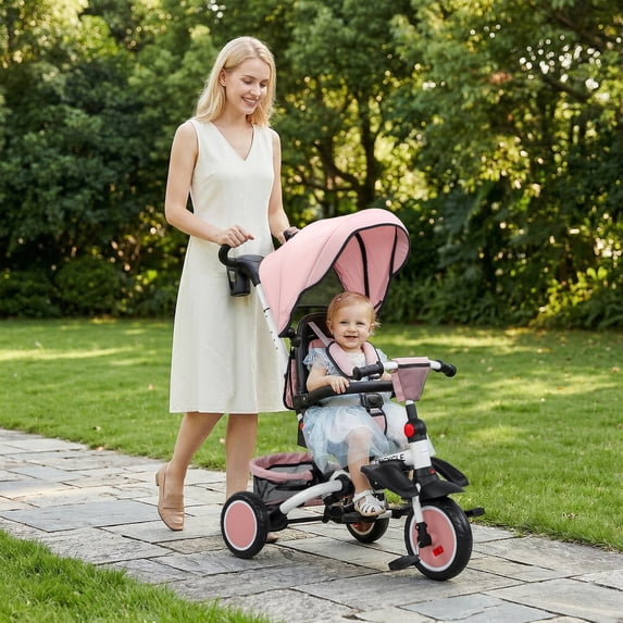 Qaba 6 in 1 Kids Tricycle with Adjustable Push Handle, Foldable Bike Stroller with Removable Canopy, Reversible Seat, for 1-5 Years, Pink