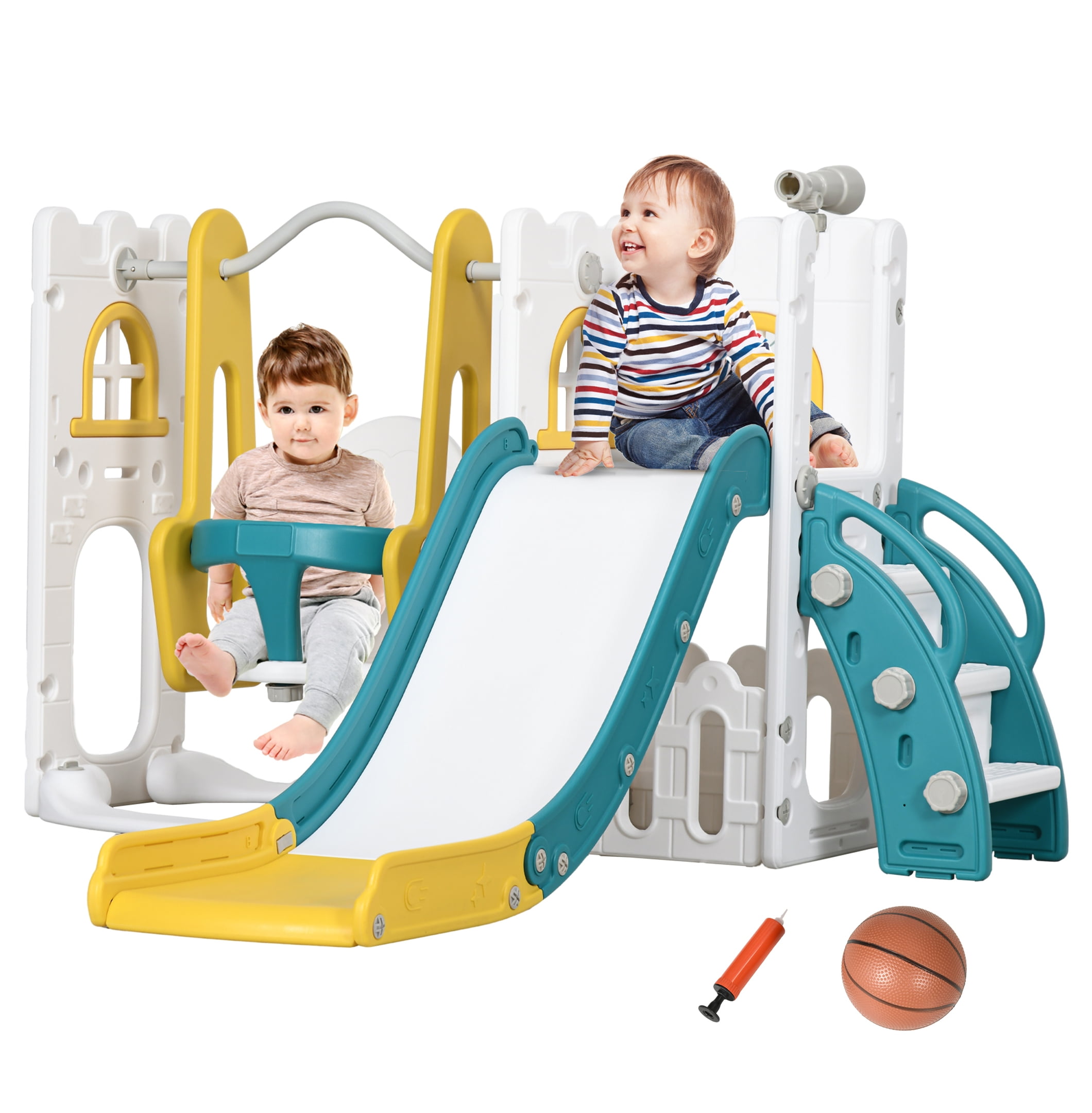 Qaba 6 in 1 Toddler Slide and Set, Baby Slide for Age 1-3 Years with Basketball Hoop, Climber, Storage Space, Telescope, Indoor , Yellow