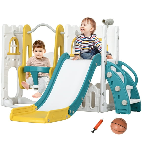 Qaba 6 in 1 Toddler Slide and Swing Set, Baby Slide for Age 1-3 Years with Basketball Hoop, Climber, Storage Space