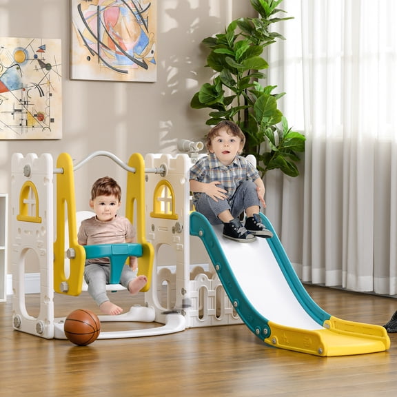Qaba 6 in 1 Toddler Slide and Swing Set w/ Basketball Hoop Climber, Yellow