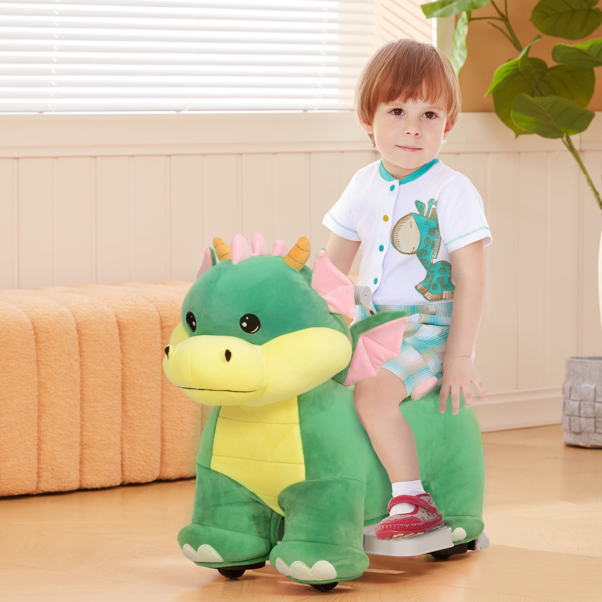 Qaba 6V Kids Ride on Horse, Triceratops Shaped Battery Powered Ride on Toy with Music Forward, PU Wheels, for Girls Boys Aged 18-36 Months, Green