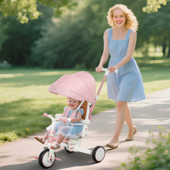 Qaba 7 in 1 Tricycle Stroller for Toddler 1-5 Years, Kids Tricycle with Adjustable Push Handle, Rotatable Seat, Removable Canopy, Pink