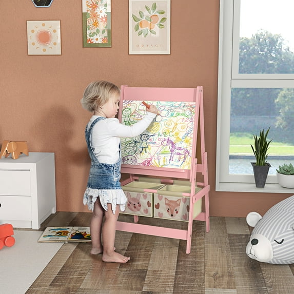 Qaba Art Easel for Kids with Paper Roll, 3 in 1 Toddler Painting Easel with Blackboard, Whiteboard, Storage Baskets, Pink