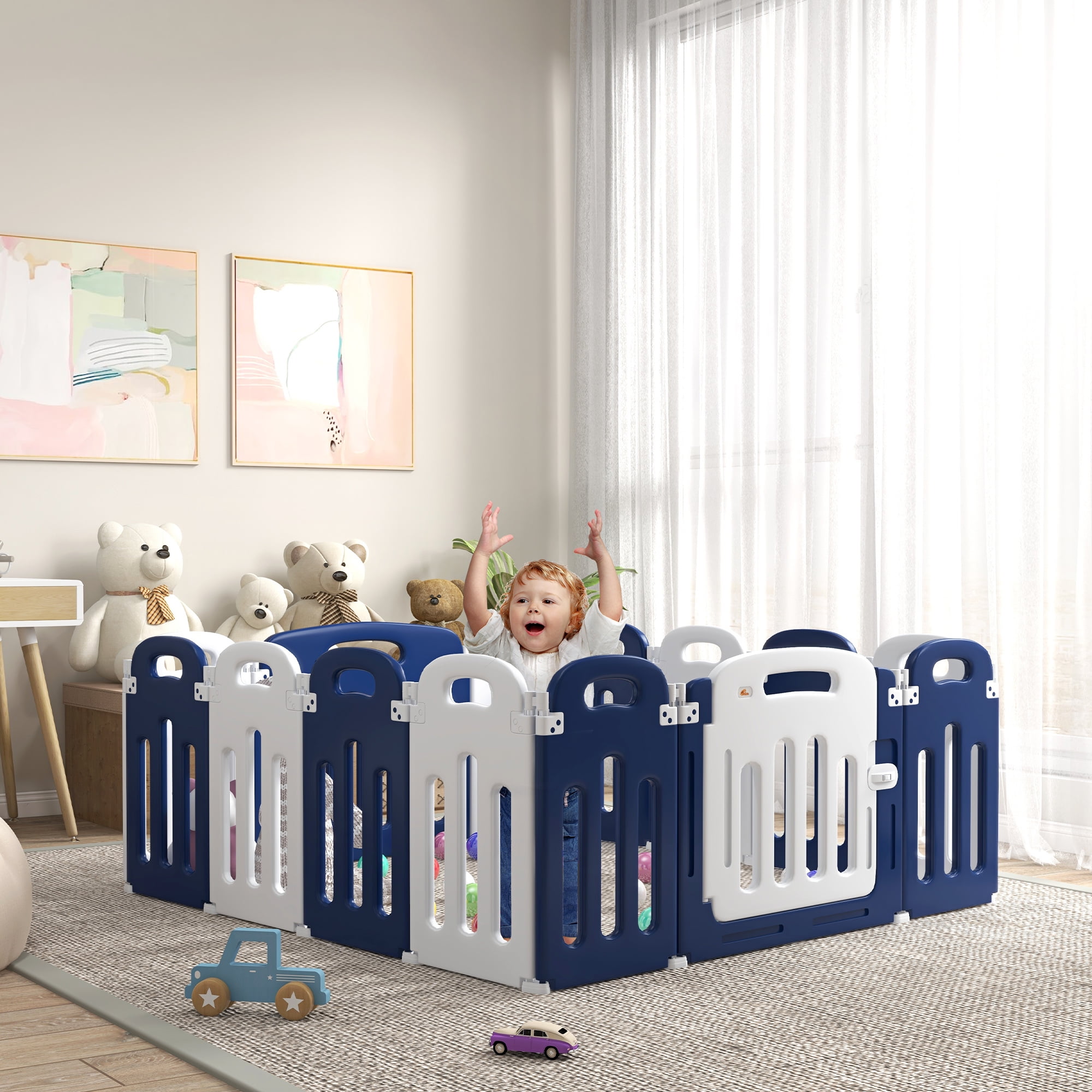 Blue and White Foldable Baby Playpen with Anti-Slip Base