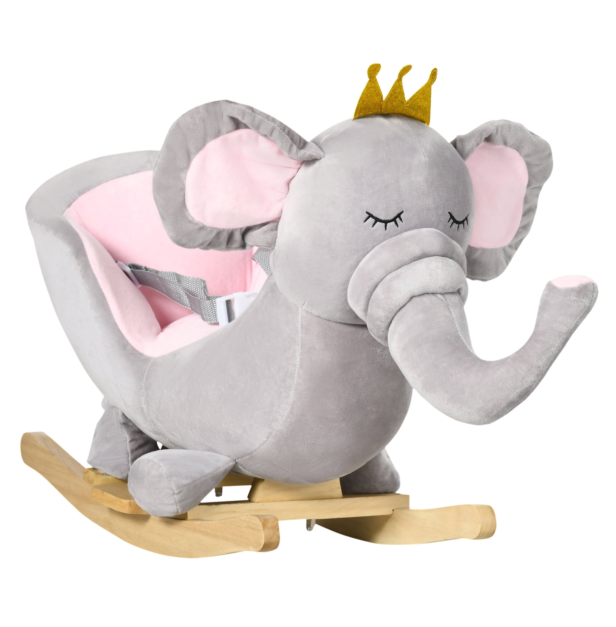 Qaba Baby Rocking Horse Elephant Rocking Chair Toddler Rocker Toy with Sound Wooden Base Seat Safety Belt for 1.5-3 Year Old, gray