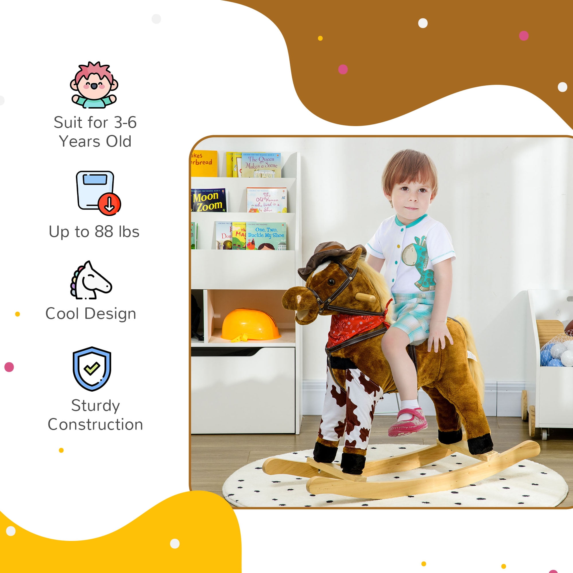 Qaba Baby Rocking Horse,Large Riding Horse,Plush Animal Rocker with Realistic Sound,Saddle,Toy for Boy Girl Ages 3-8 Years Old,Brown,Brown Plush Toys Kids Bikes Riding Toys