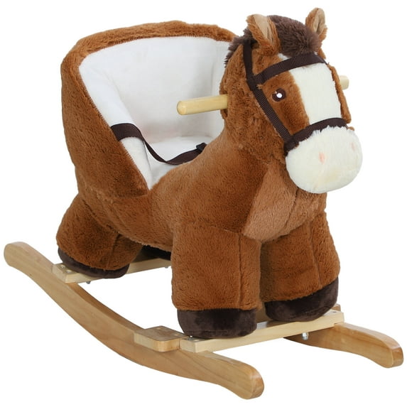 Qaba Baby Rocking Horse,Plush Animal Rocker with Sound,Wooden Base,& Safety Belt for Ages 18-36 Months,Brown,Brown Polyester Toys Kids Bikes Riding Toys
