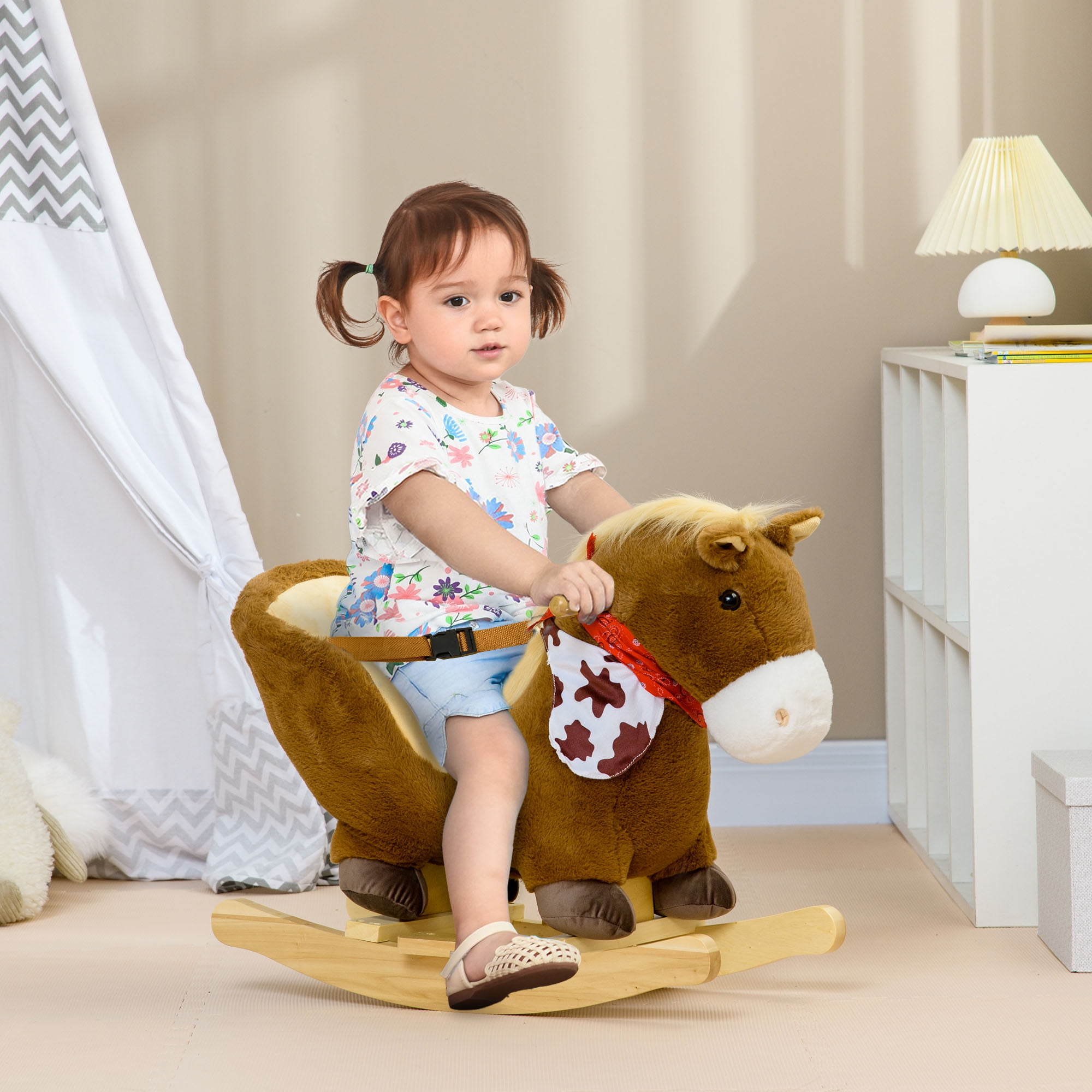 Qaba Baby Rocking Horse Riding Horse Plush Animal Rocker with Realistic Sound Pedals Toy for Boy Girl Aged 18 36 Months Brown