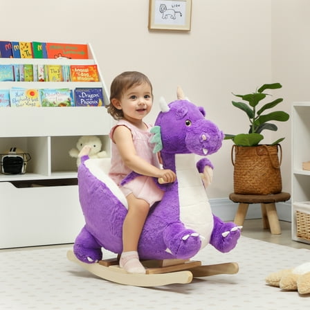 Qaba Baby Rocking Horse, Ride Dragon, Kids Ride On Toy with Realistic Dragon Roar and Safety Belt, Plush Animal Rocker for Kids, Purple