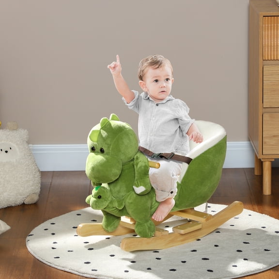 Qaba Baby Rocking Horse, Toddler Plush Dinosaur Animal Rocker with Seat Belt, 32 Songs, Hand Puppet, Rocking Chair for 18-36 Months, Green